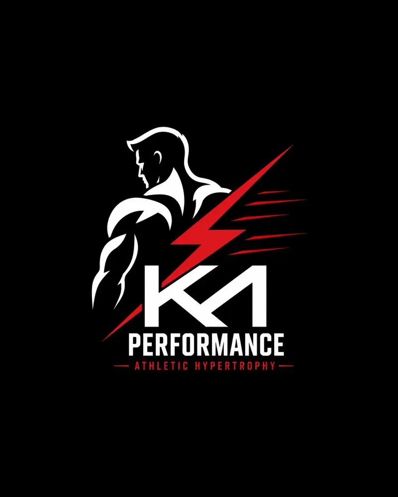 Athletic Hypertrophy program logója: sportoló sziluettje villám grafikával és „KA Performance” felirattal, fekete alapon, körben fekete margóval