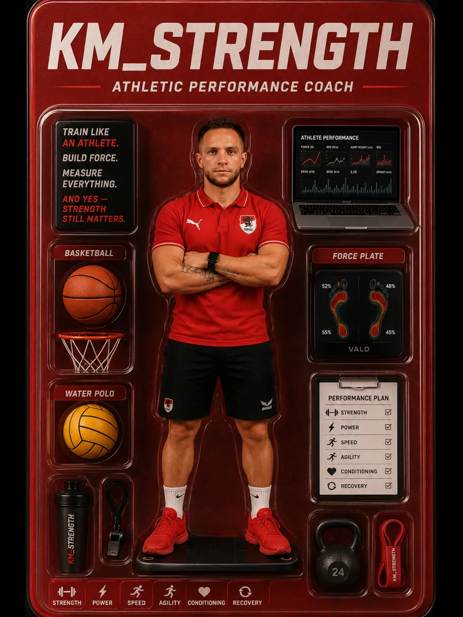 KM_STRENGTH edzői bemutató plakát erő, teljesítmény, sebesség, agilitás, kondicionálás és regeneráció fókuszú szolgáltatásokkal