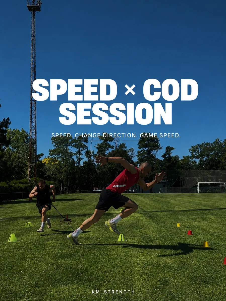 Két sportoló sebesség- és irányváltás-gyakorlaton egy füves pályán, felirat: Speed × COD Session